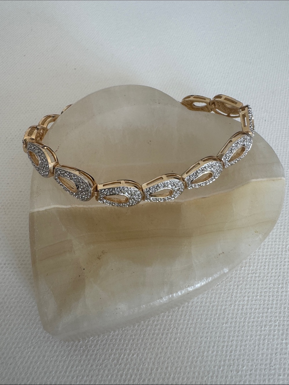 Sterling Silver Yellow Gold Plated Pave Diamond Teardrop Link Tennis Bracelet